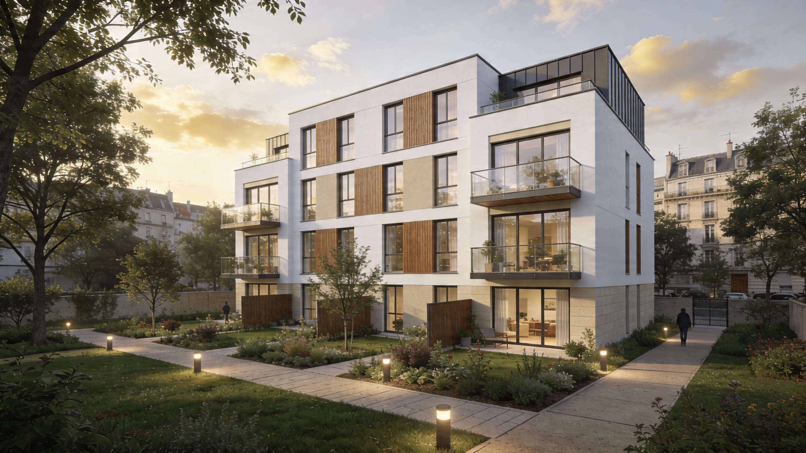 Perspective de la résidence Le 61 à Fontenay-sous-Bois, avec balcons et jardin paysager