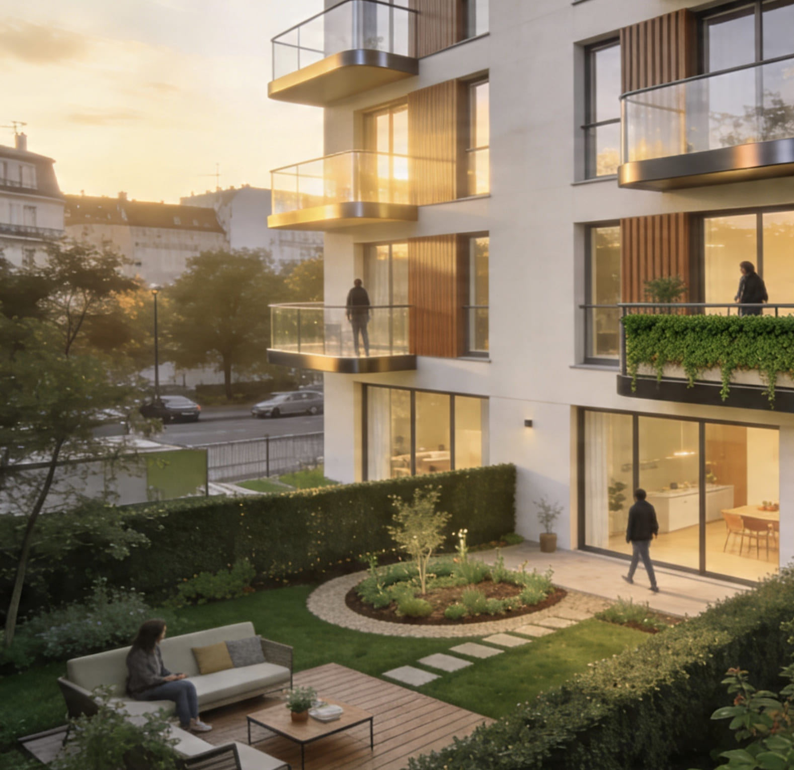 Vitrines éclairées en pied d’immeuble neuf, ouvertes sur un parvis planté
