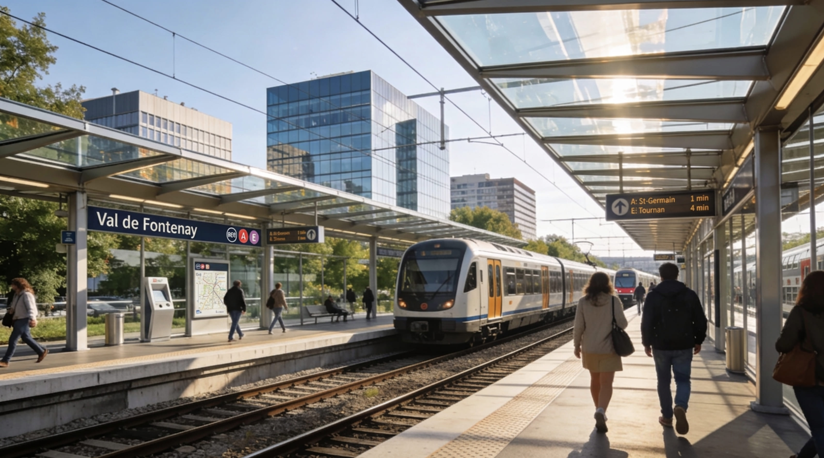 Quai de la gare de Val de Fontenay avec un RER à l’arrêt, en fin de journée